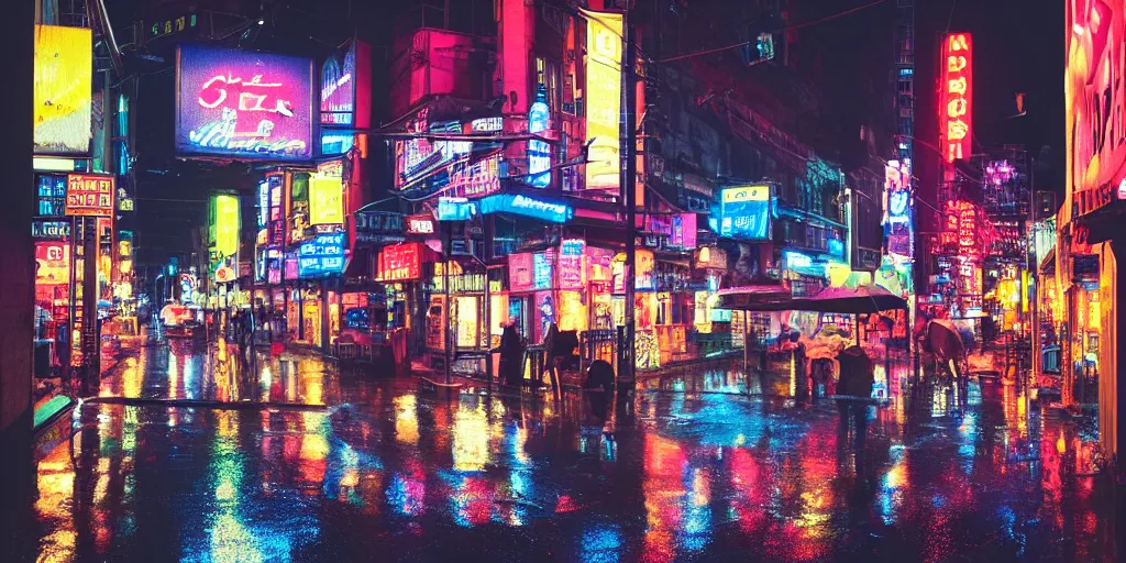 Image similar to A rainy street lit up by neon signs in the city