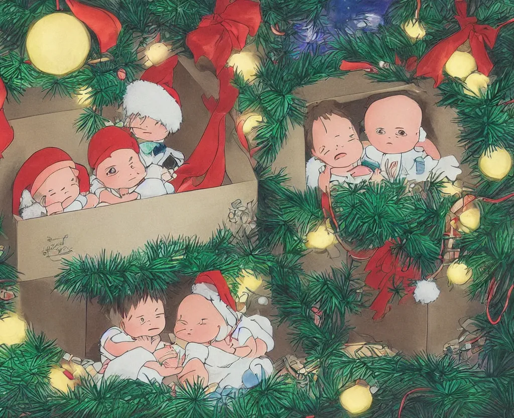 Image similar to Two twin babies in a gift box, christmas lights, very detailed, art by Studio Ghibli