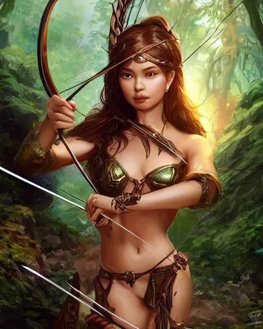 Prompt: A beautiful female warrior holding a bow an arrow wearing a magical bikini posing on a rock in a magical forest, super detailed and realistic face, fantasy art, in the style of Artgerm, illustration, epic, fantasy, intricate, hyper detailed, artstation, concept art, smooth, sharp focus, ray tracing, vibrant
