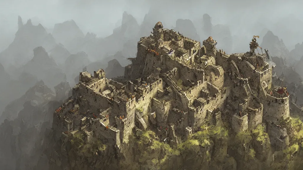 Image similar to top down view of fortified mountain bastion with small flagposts, papyrus, watercolored, jakub rozalski, dark colours, dishonored, artstation