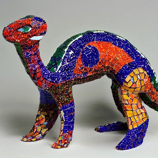 Image similar to mosaic sculpture of a alebrije chimera!!!, irregularly shaped mosaic tiles, hand glazed pottery shards, in the style of folk art, in a cottagecore flower garden