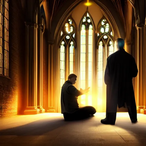 Image similar to angel protecting man who is praying inside a gothic church, studio light, 4K highly detailed, realistic style, playing with with light and dark