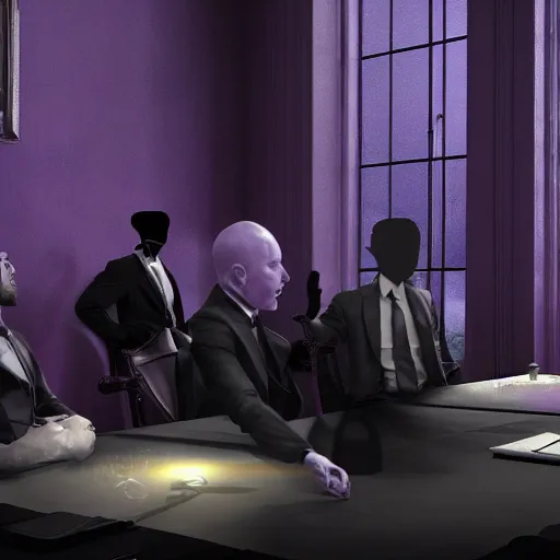 Image similar to HD render of shadow figures in suits sitting around a table in an occultic lair scheming and plotting, Ultra realistic digital art painting trending on artstation, photo realistic, black and purple colour scheme