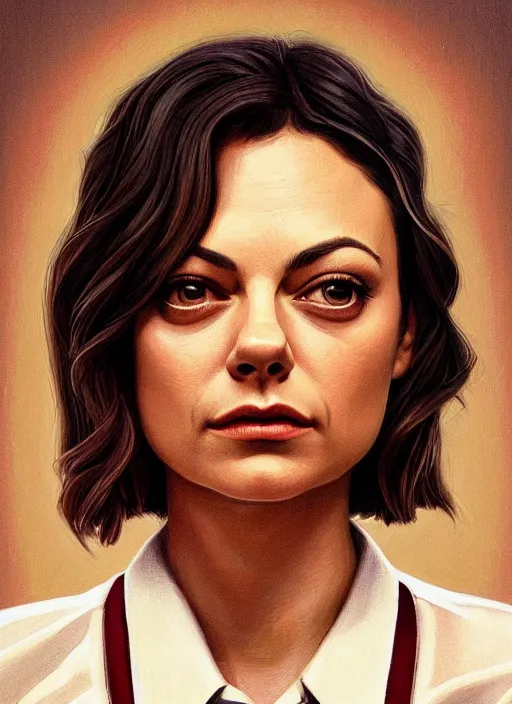 Image similar to twin peaks movie poster art, portrait of mila kunis, from scene from twin peaks, clean, simple illustration, nostalgic, domestic, highly detailed, digital painting, artstation, concept art, smooth, sharp focus, illustration, artgerm, donato giancola, joseph christian leyendecker, wlop