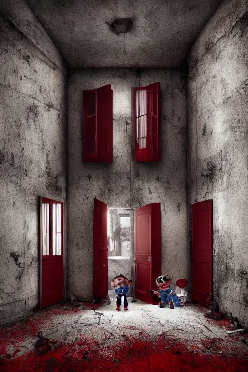 Image similar to room with 3 red windows, child with teeth all over his body except in the mouth, dystopian environment, by michal karcz in the style of chucky | freddy krueger style