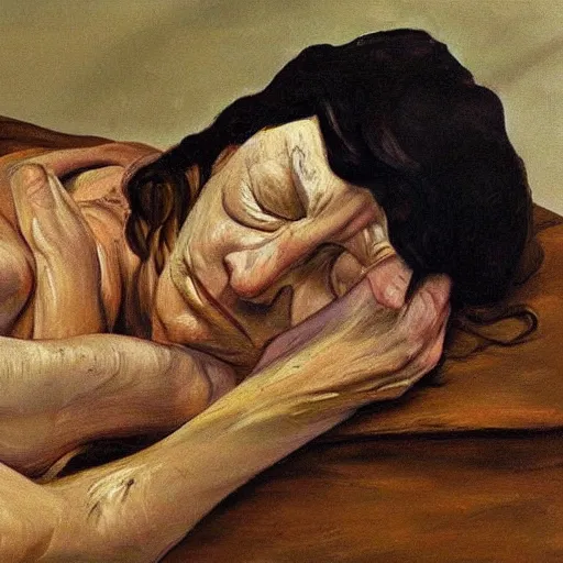 Prompt: Oil painting Portrait of a sad Woman sleeping, by Lucian Freud, Abstract brush strokes, Masterpiece