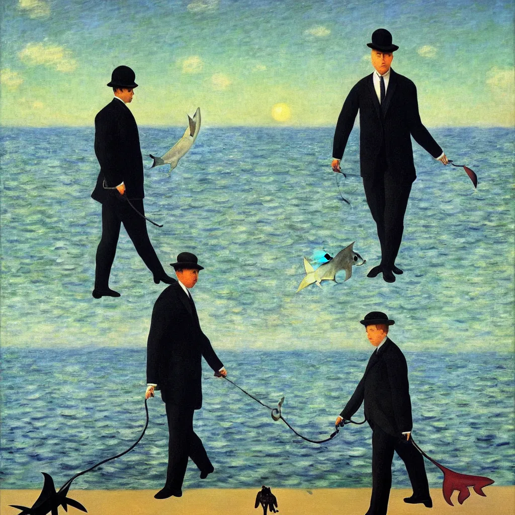 Image similar to achingly beautiful painting of a business man walking his pet shark, by rene magritte, monet, and turner