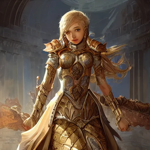 Image similar to portrait knights of Zodiac girl, golden and copper armor, in ruined ancinet Agora of Athens, ssci-fi, fantasy, intricate, very very beautiful, elegant, highly detailed, digital painting, artstation, concept art, smooth, sharp focus, illustration, art by WLOP and tian zi and artgerm