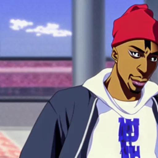 Image similar to Tupac Shakur, screenshot from a 2012s anime