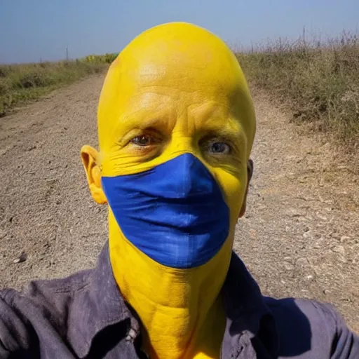 Image similar to last selfie of frightened funny damaged to bones ukrainian in dirty yellow and blue rags, big nuclear explosion at background