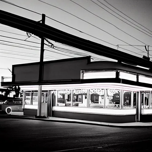 Prompt: photograph of a 1 9 5 0 s drive - in diner at night, neon - lights, googie architecture, americana