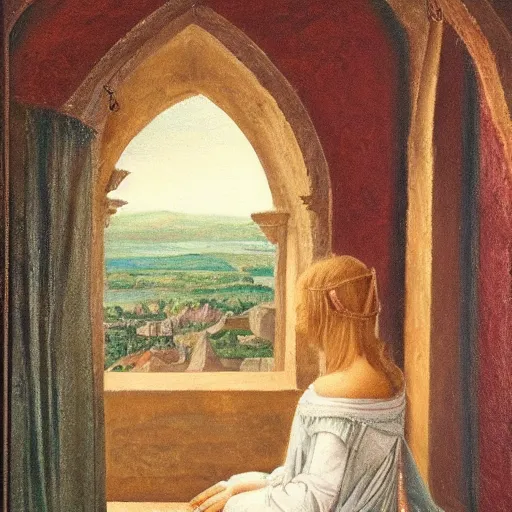 Prompt: very very very beautiful and detailed oil painting of a medieval princess staring sadly out of a castle window onto a sunlit landscape, 8k, sun beams