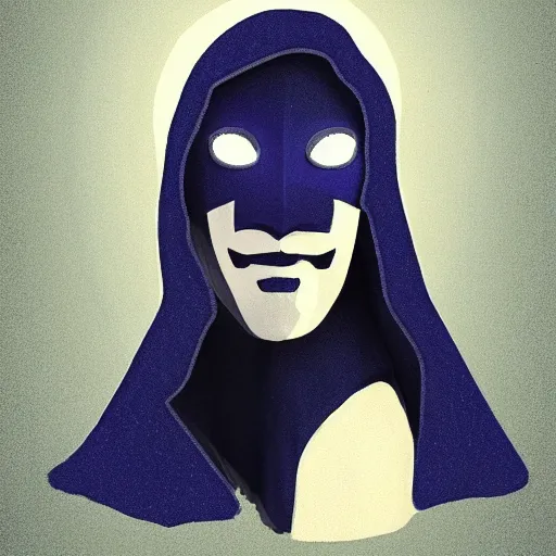 Image similar to award - winning. trending on artstation. 4 k. a faceless astral figure wearing a hooded cape made of the night sky with 1 dark blue glowing eye on its face. full - body.