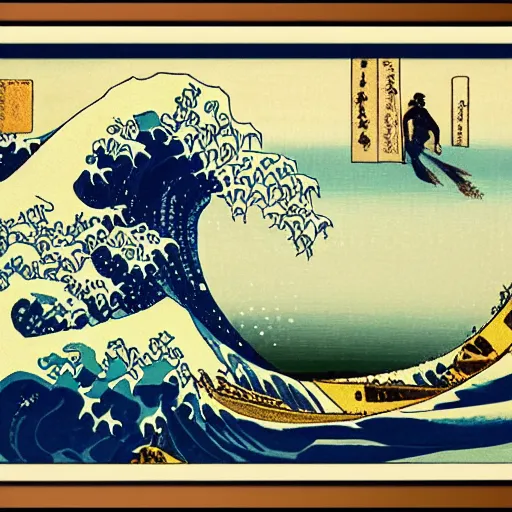 Prompt: man surfing, woodblock print, style of hokusai, fine art, style of kanagawa, painting