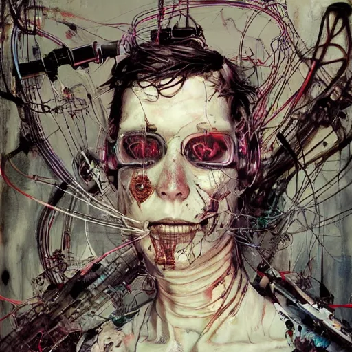 Image similar to a lost male cyberpunk hacker, skulls, wires cybernetic implants, machine noir dieselpunk grimcore, in the style of adrian ghenie esao andrews jenny saville surrealism dark art by james jean takato yamamoto and by ashley wood