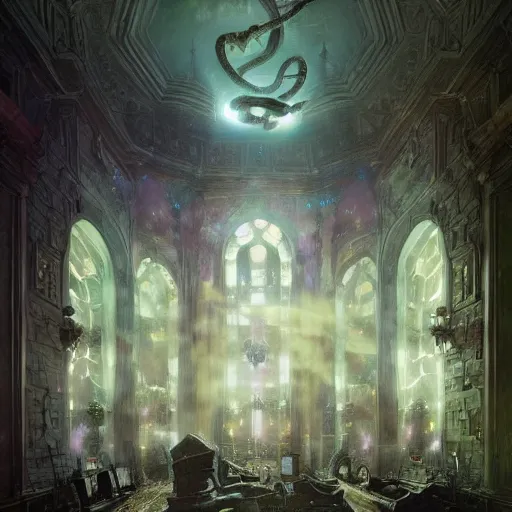 Prompt: eldritch legislature, fantasy, realistic colorful photography, interior, hyperrealism, incredible, award - winning photography, regal, rich colors, by greg rutkowski, lovecraftian, purple