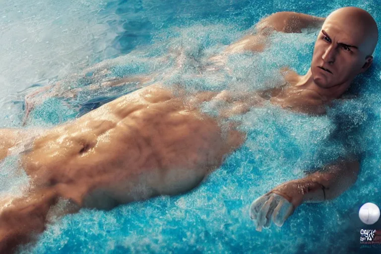 Image similar to hyperrealistic film still of hitman swimming in a pool of slushie at 7 1 1 stunning 3 d render, inspired by istvan sandorfi & greg rutkowski & unreal engine, perfect facial symmetry, dim volumetric cinematic lighting, 8 k octane comprehensive render, extremely hyper - detailed, incredibly lifelike attributes, intricate, real flesh texture, masterpiece, artstation, stunning,