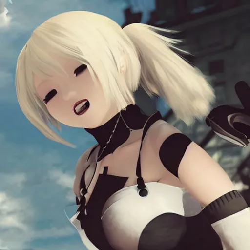 Image similar to 2B from NieR Automata eating a bagel