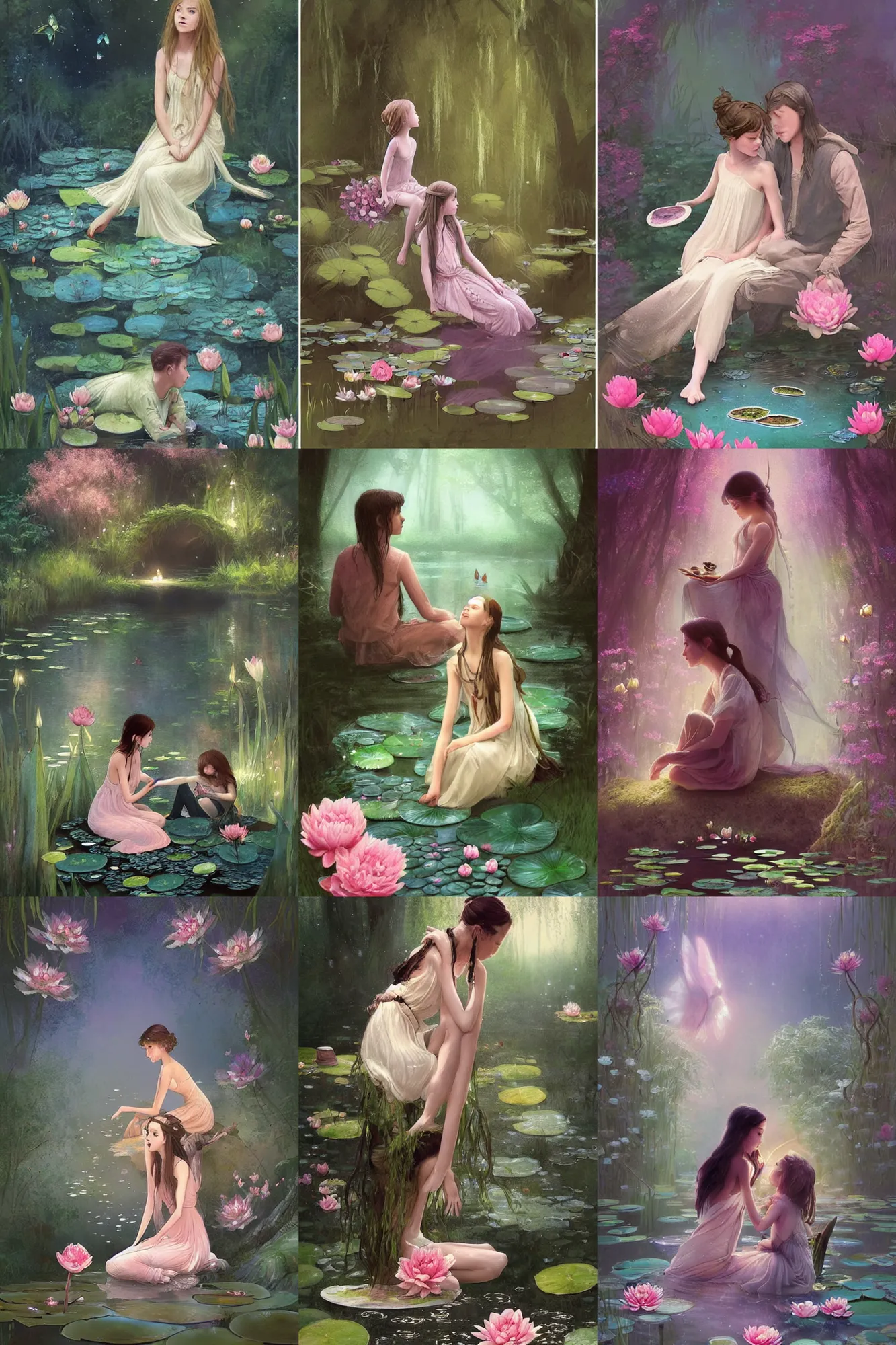 Prompt: a fairy cinematic boy girl traditional romance sitting moment of a friends lily pad pond with a weeping willow, wearing boho clothing and peonies, silhouette, Minimal Movie Posters, fantasy magic, art masterpiece by Greg Rutkowski, Gaston Bussiere, craig mullins, #wip #illustration #illustradraw #illustrator #vector #colors #colorschemes