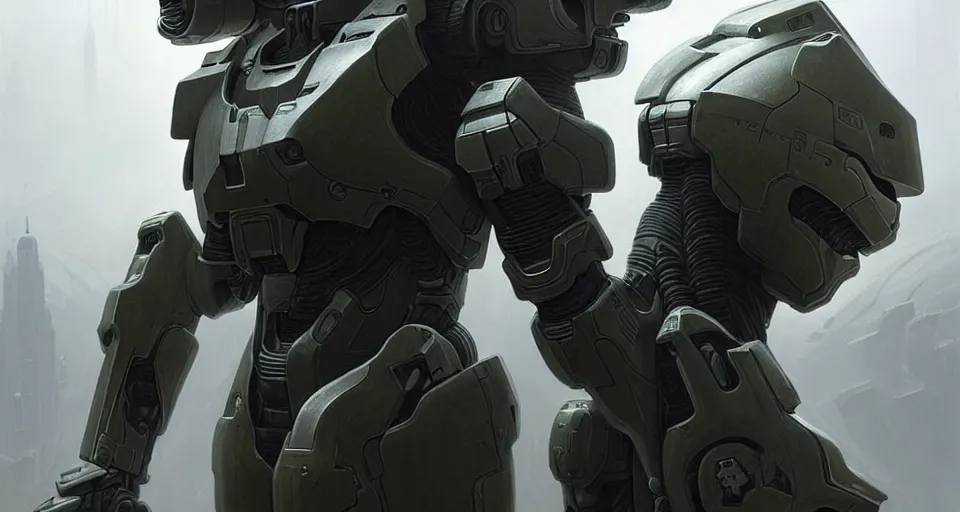 Image similar to hyper realistic sci - fi matte concept art painting of a cyborg soldier in halo - like armor, beautiful details, strong composition painted by kim jung guweta studio rutkowski, james gurney and greg rutkowski, and lucasfilm, smooth, intricate, detailed, sharp focus, cinematic
