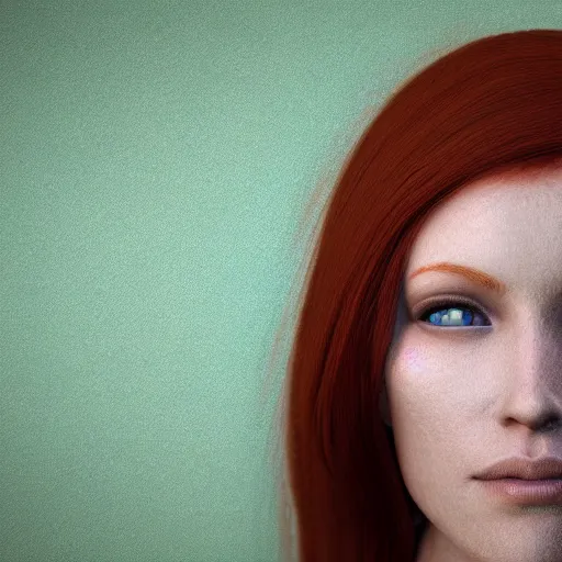 Prompt: portrait of a redhead woman with green eyes, hyper realistic, volumetric lighting