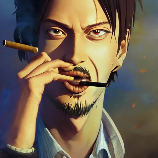 Prompt: highly detailed vfx portrait of sanji smoking a cigarette by eiichiro oda!, greg rutkowski, loish, rhads, beeple, makoto shinkai, tom bagshaw, alphonse mucha, sharp focus, art by artgerm and greg rutkowski, stanley kubrick, backlit, harsh overhead sunlight,