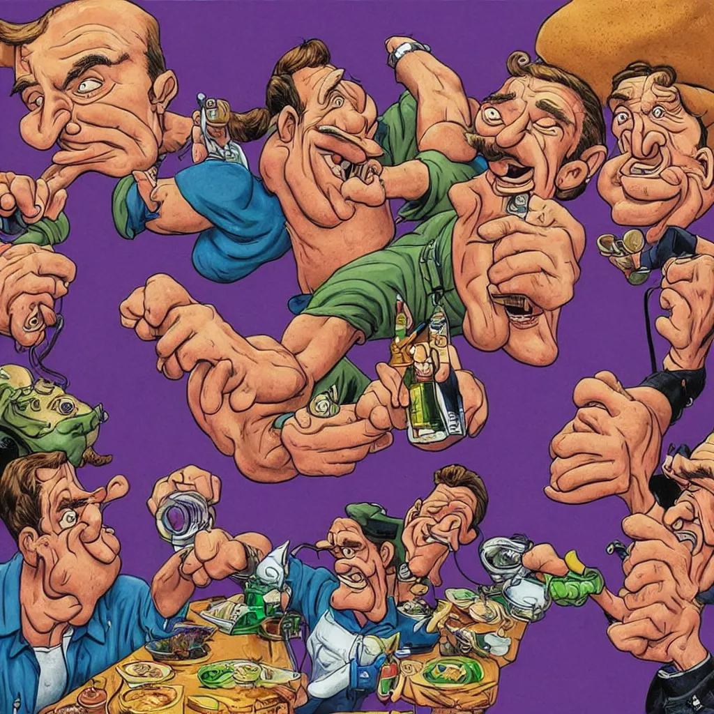 Image similar to promotional art for the movie'unless you hate bullruns ', barry chuckle preparing a batch of purple oil drink, hyperreal detailed facial features and uv lighting, art by ed roth and basil wolverton