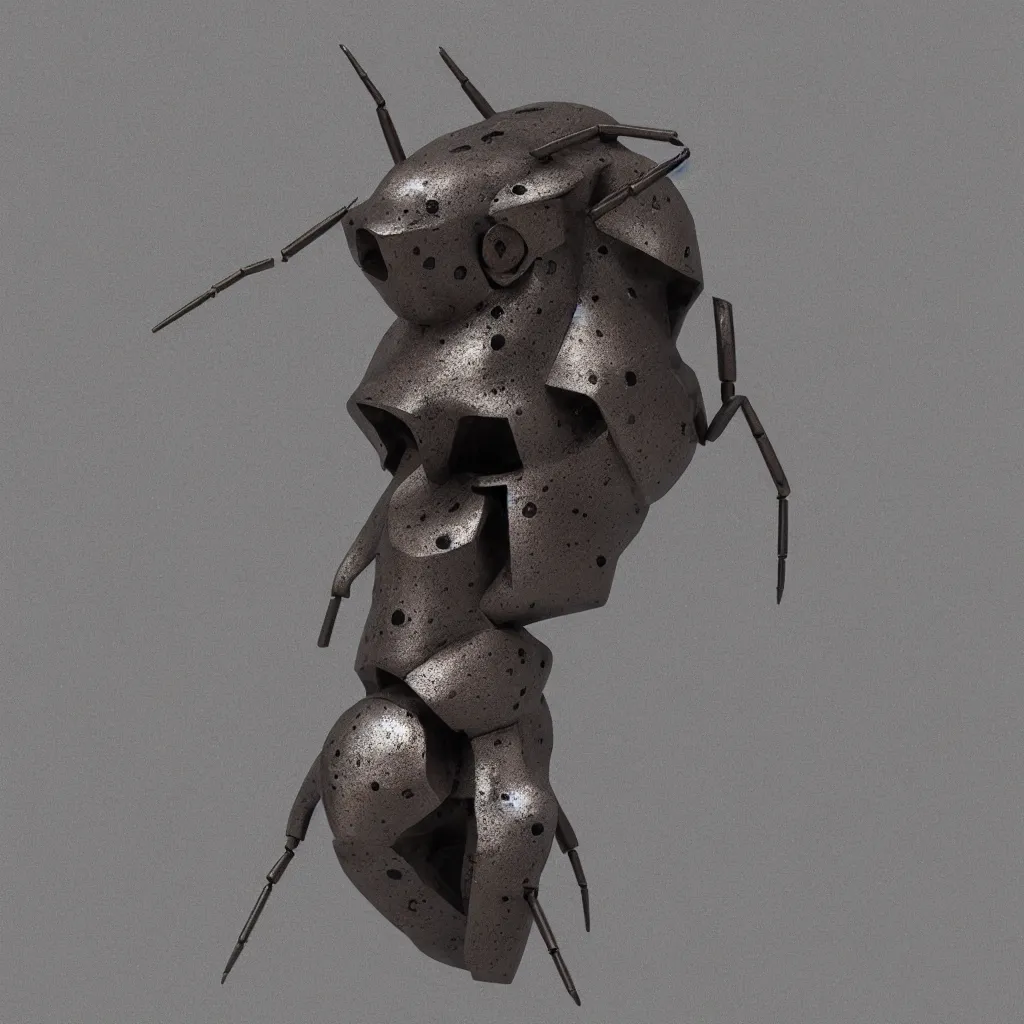 Image similar to brutalist sculpture of an ant head made of riveted steel sheet metal, octane render, trending on Artstation, soft noise gradient background