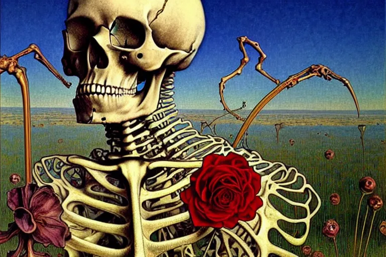Prompt: realistic detailed portrait painting of a skeleton with a single rose in a dystopian desert by Jean Delville, Amano, Yves Tanguy, Alphonse Mucha, Ernst Haeckel, Edward Robert Hughes, Roger Dean, rich moody colours, blue eyes