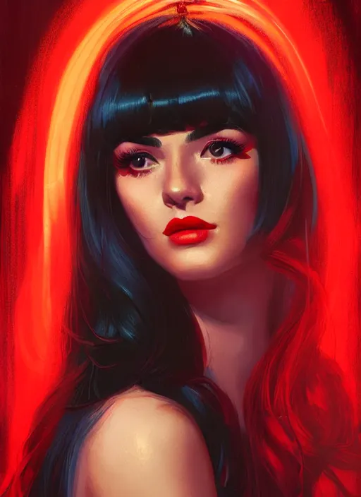 Image similar to portrait of veronica lodge with bangs, 1 9 6 0 s, long hair, red clothes, bangs, intricate, elegant, glowing lights, highly detailed, digital painting, artstation, concept art, smooth, sharp focus, illustration, art by wlop, mars ravelo and greg rutkowski