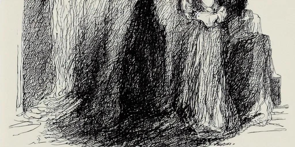 Image similar to ink lineart drawing of beautiful woman in a nightgown, white background, etchings by goya, chinese brush pen illustration, high contrast, deep black tones, contour