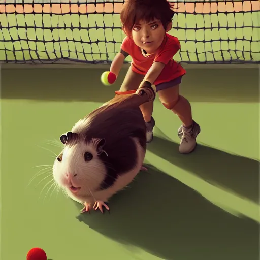 Image similar to a cute guinea pig plays tennis. detailed digital art by greg rutkowski, keith parkinson, marc simonetti, artgerm, artstation, deviantart, 8k, hd