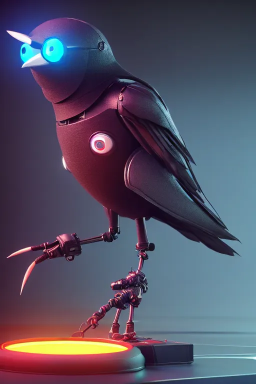 Prompt: high quality 3 d render very cute cyborg crow! sings into big microphone!, cyberpunk highly detailed, unreal engine cinematic smooth, in the style of blade runner & detective pikachu, hannah yata charlie immer, moody light, low angle, uhd 8 k, sharp focus