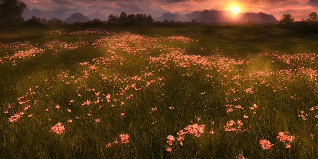 Prompt: beutiful stream and flowers on grassland, sunset, very wide view, atmospheric, hyper realistic, photography, 8k, epic composition, award winning, cinematic, unreal engine, artstation