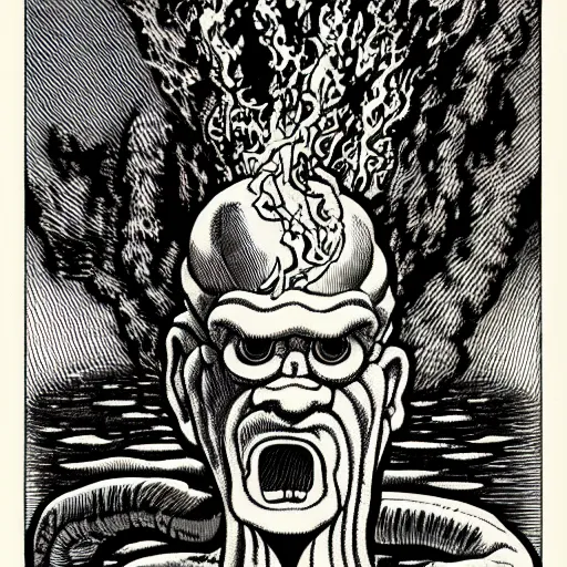 Prompt: fire lord squidward breathing fire out of his mouth, art by virgil finlay, highly detailed, 8 k, trending on artstation