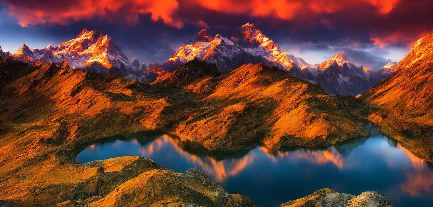 Image similar to amazing landscape photo of mountains with lake in sunset by marc adamus, beautiful dramatic lighting