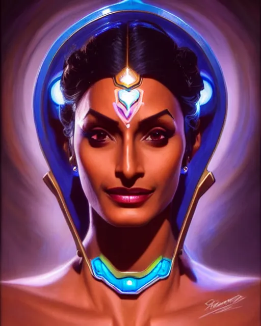 Image similar to symmetra from overwatch, bust, fantasy, fantasy art, fantasy, colorful, elegant, character portrait, portrait, close up, highly detailed, intricate detail, amazing detail, sharp focus, vintage fantasy art, vintage sci - fi art, radiant light, caustics, by boris vallejo