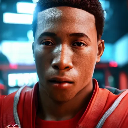 Image similar to a videogame still of NBA YoungBoy in Tekken 7, portrait, 40mm lens, shallow depth of field, close up, split lighting, cinematic