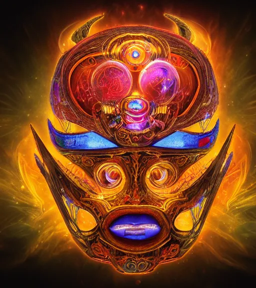 Prompt: pyrography of a fantasycore glitchcore luchador mask. intricate abstract. intricate artwork. celestial. prismatic, by Josephine Wall, disney, pixar. octane render, CGSociety very coherent symmetrical artwork. cinematic, hyper realism, high detail, octane render, 8k, holographic accents