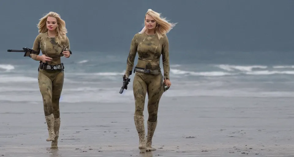 Prompt: cinematic shot of margot robbie in military gear walking out of the ocean, cinematic diffuse lighting, cloudy weather