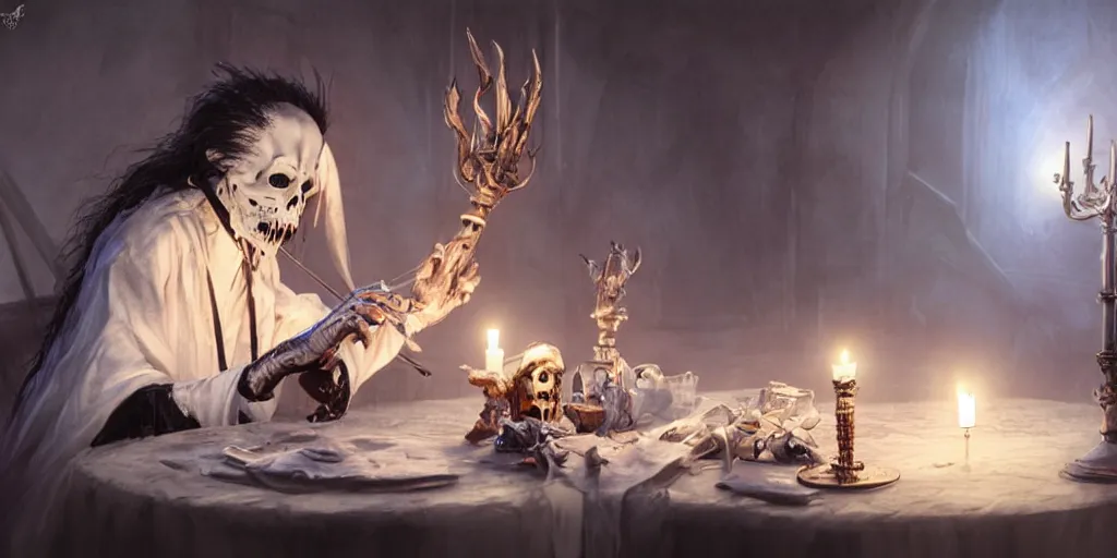 Prompt: Death lighting a candle on the table, on the table a theater mask, flute and a film reel, Death is wearing white robe, vivid colors, dark shadows, contrast, concept art, sharp focus, digital art, Hyper-realistic, 4K, Unreal Engine, Artstation, Highly Detailed, Dramatic Lighting, Beautiful, by Brom, bastien lecouffe-deharme