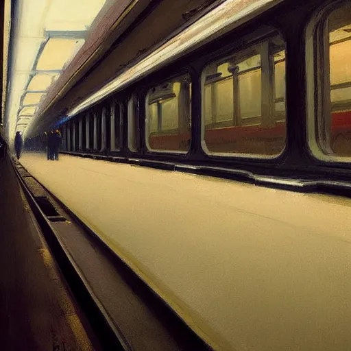 Prompt: new york subway, platform view, sharp focus, intricate, detailed, by edward hopper, greg rutkowski.