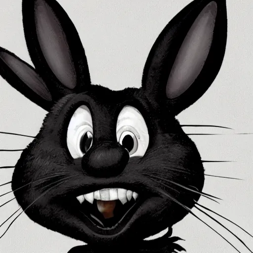 Prompt: A extremely highly detailed majestic hi-res beautiful, highly detailed head and shoulders portrait of a scary terrifying, horrifying, creepy black cartoon rabbit with scary big eyes, earing a shirt laughing maniacally , let's be friends, in the style of a Walt Disney cartoon