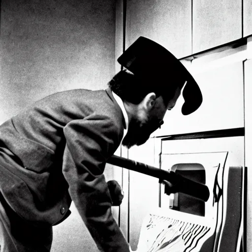 Prompt: a black and white photograph of a man destroying a computer with a baseball bat, by gary baseman, robert crumb, jim henson, photorealistic, surreal, high contrast, film photography