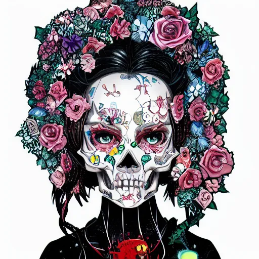 Image similar to anime manga skull portrait girl face disney simpsons detailed highres 4k Mucha and James Jean pop art nouveau