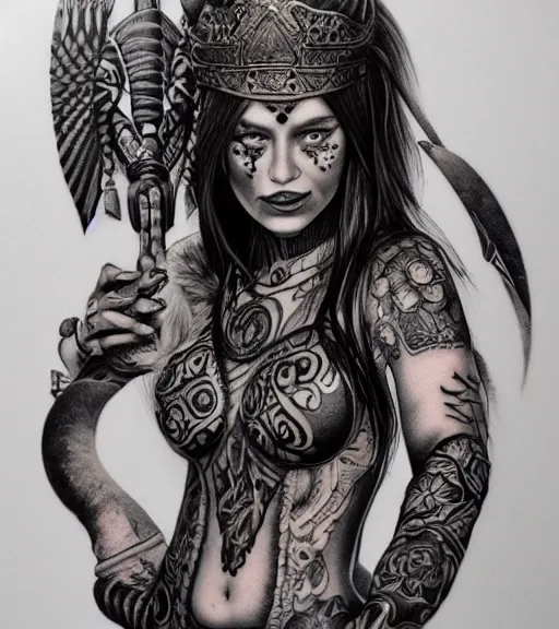 Image similar to tattoo design on white background of a beautiful girl warrior, hyper realistic, insanely detailed, inspired by eliot kohek