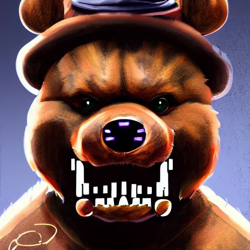 Image similar to commission of freddy fazbear,realistic,hyperdetailed,photorealistic,detailed face,art by greg rutkowski,trevor henderson,ross tran,artstation,deviantart,8k,estern comic style,sharp lineart,professional lighting,professional shading