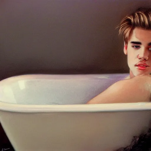 Image similar to justim bieber laying in a bathtub filled with milk, cinematic, cottage core, cinematic focus, polaroid photo bleached vintage pastel colors high - key lighting, soft lights, foggy, by steve hanks, by lisa yuskavage, by serov valentin, by tarkovsky, 8 k render, detailed, oil on canvas