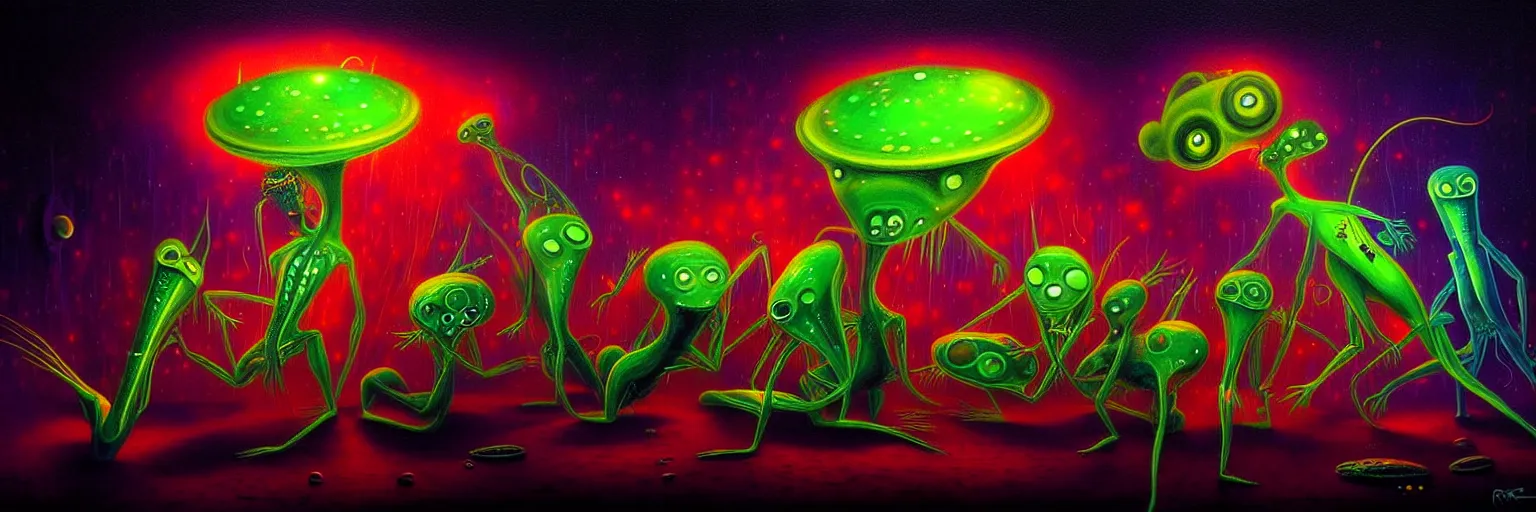 Image similar to strange alien plankton creatures from the depths of the collective unconscious, dramatic lighting, surreal darkly colorful painting by ronny khalil