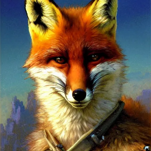 Prompt: a portrait of fox mccloud smiling at the viewer. highly detailed painting by gaston bussiere, craig mullins, j. c. leyendecker, furry
